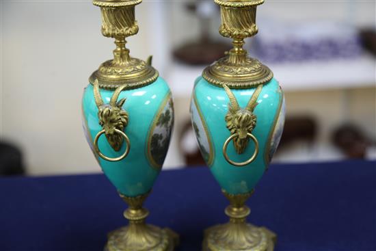 A pair of 19th century French ormolu mounted Sevres style jewelled porcelain cassoulets, height 9in.